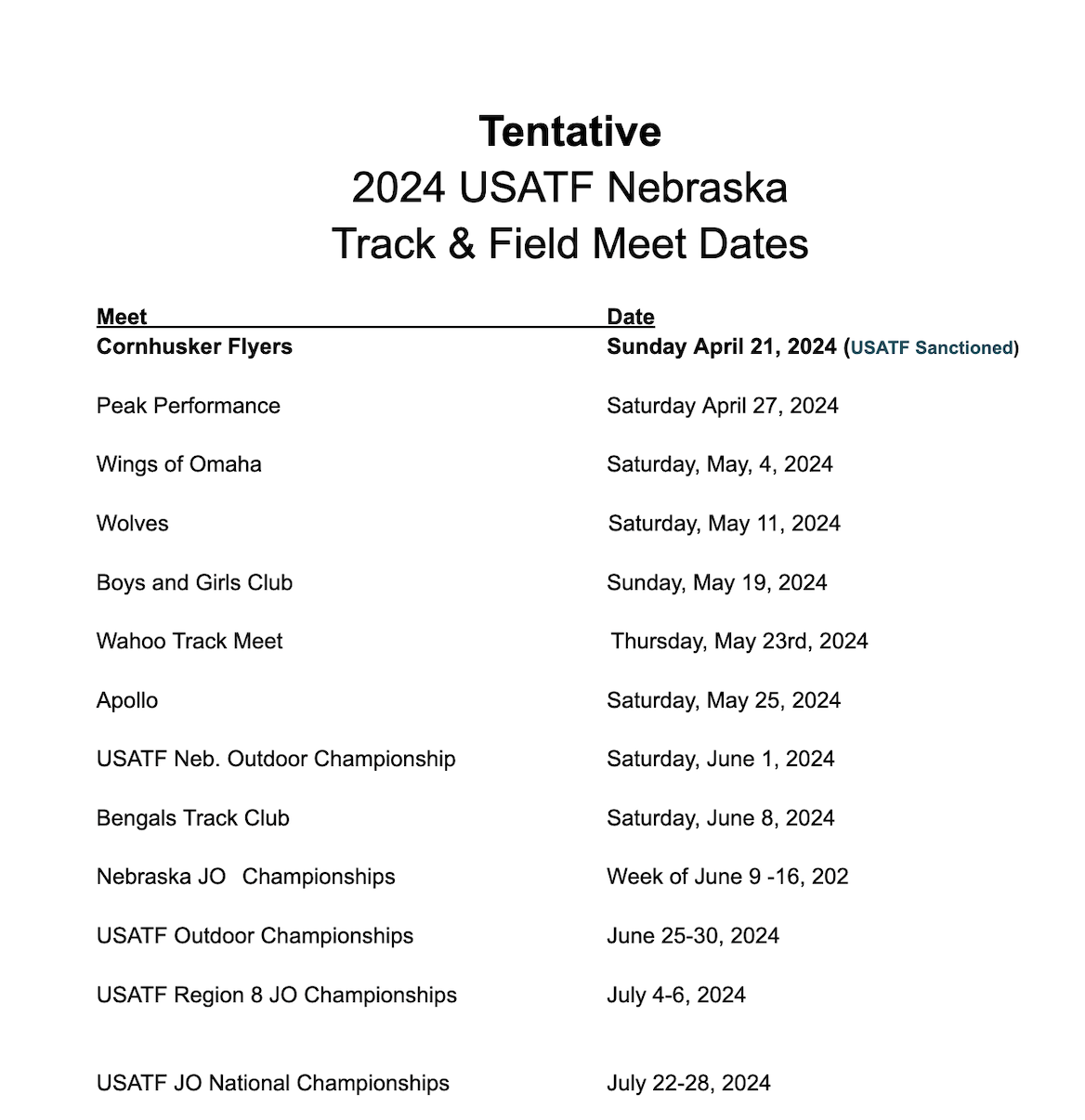 Tentative 2024 Track Schedule